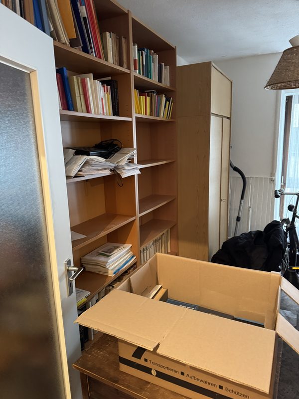 Ein Regal voller Bücher und Unterlagen, davor ein aufgeklappter Karton, kurz vor dem Einpacken bei einem Umzug in Bornheim