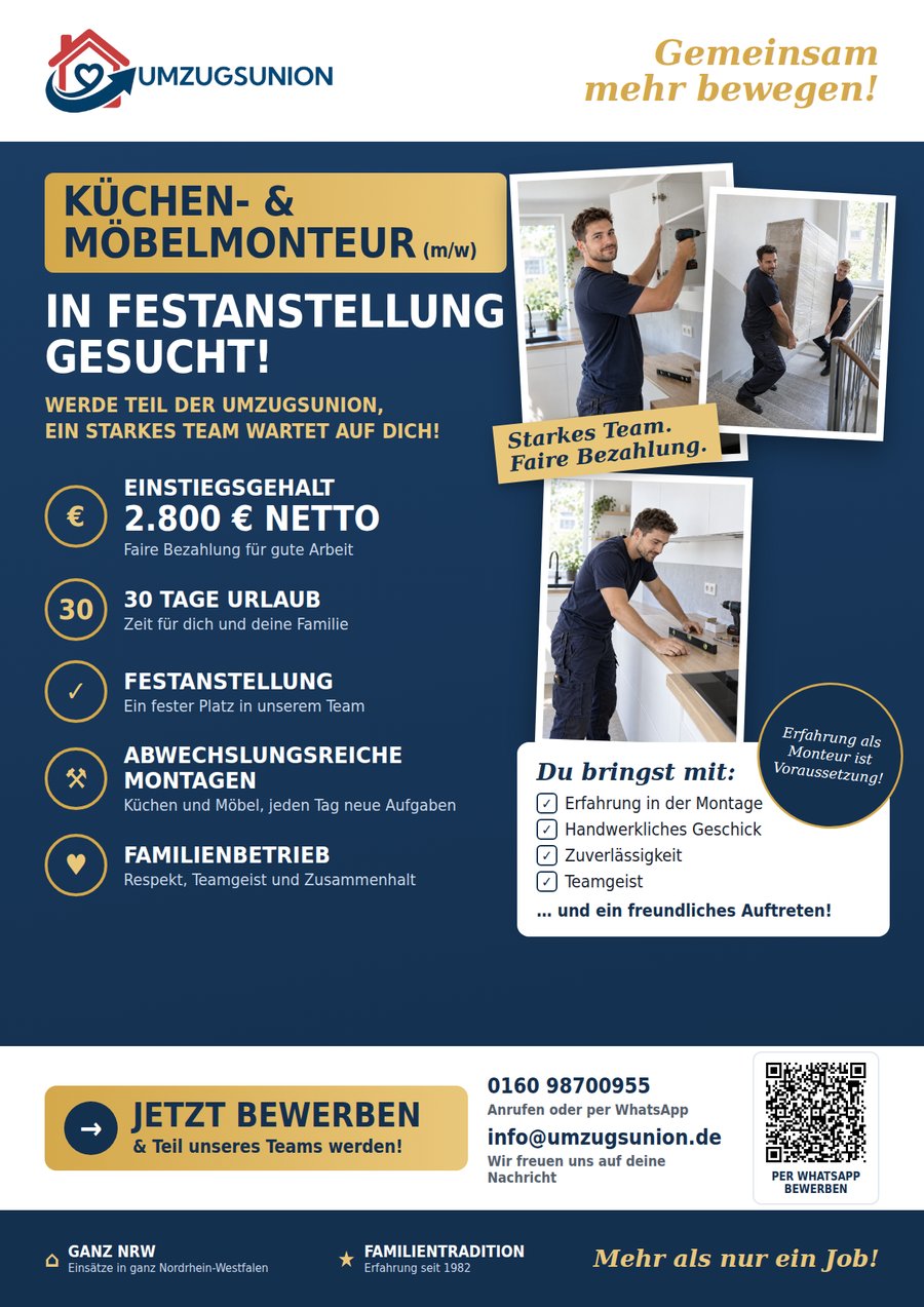 Stellenanzeige als Flyer: Umzugsunion sucht Küchen- und Möbelmonteure mit 2.800 Euro netto zum Einstieg
